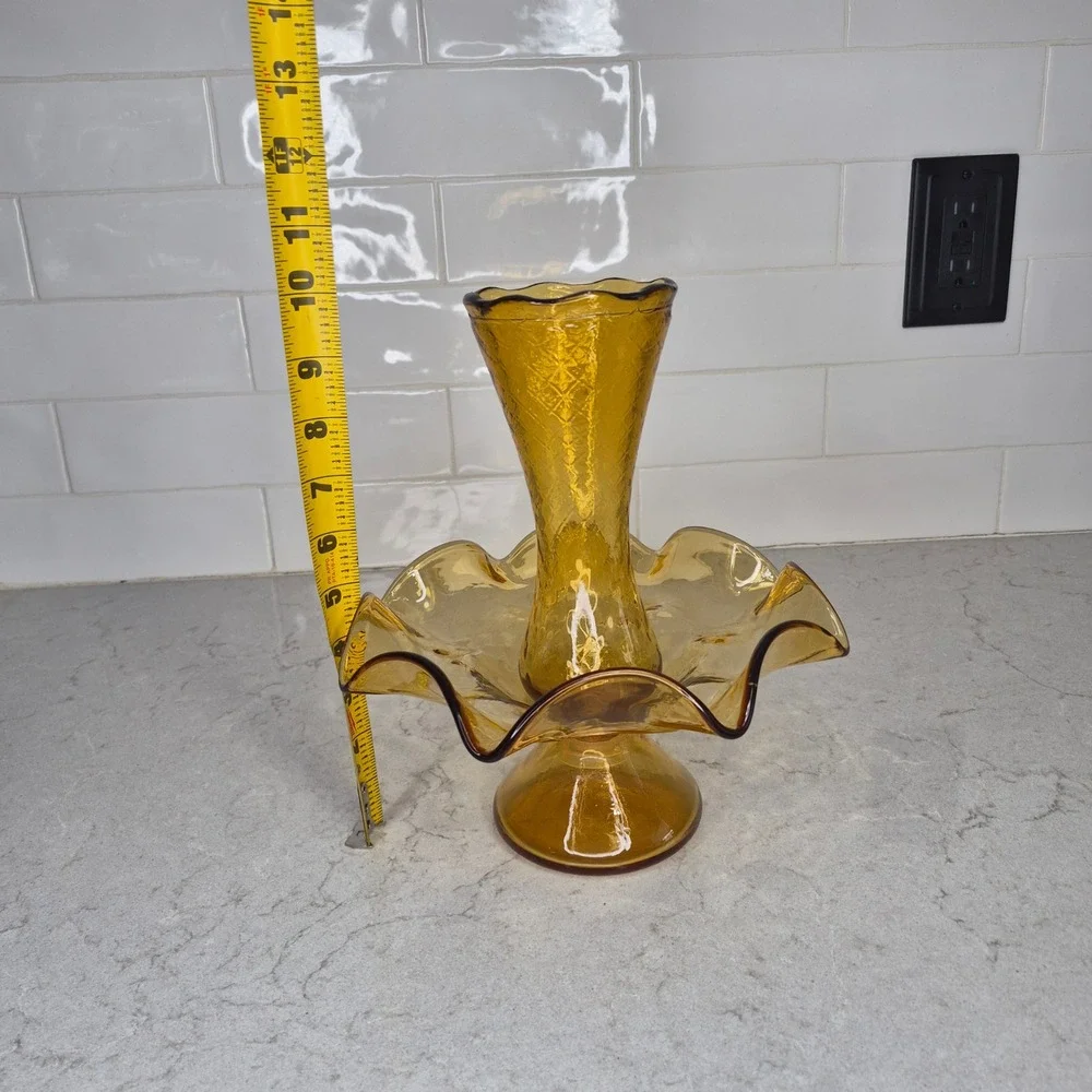 Vintage Epergne Vase‎ Amber Diamond Quilted Ruffled Glass 10 Inch 2 Piece